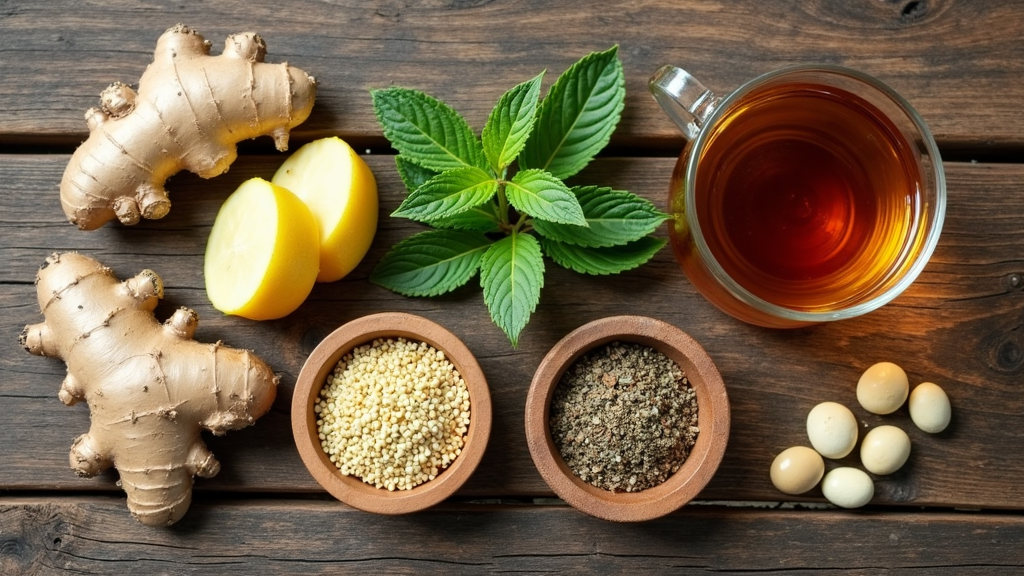 Herbal supplements and fresh herbs for digestive health