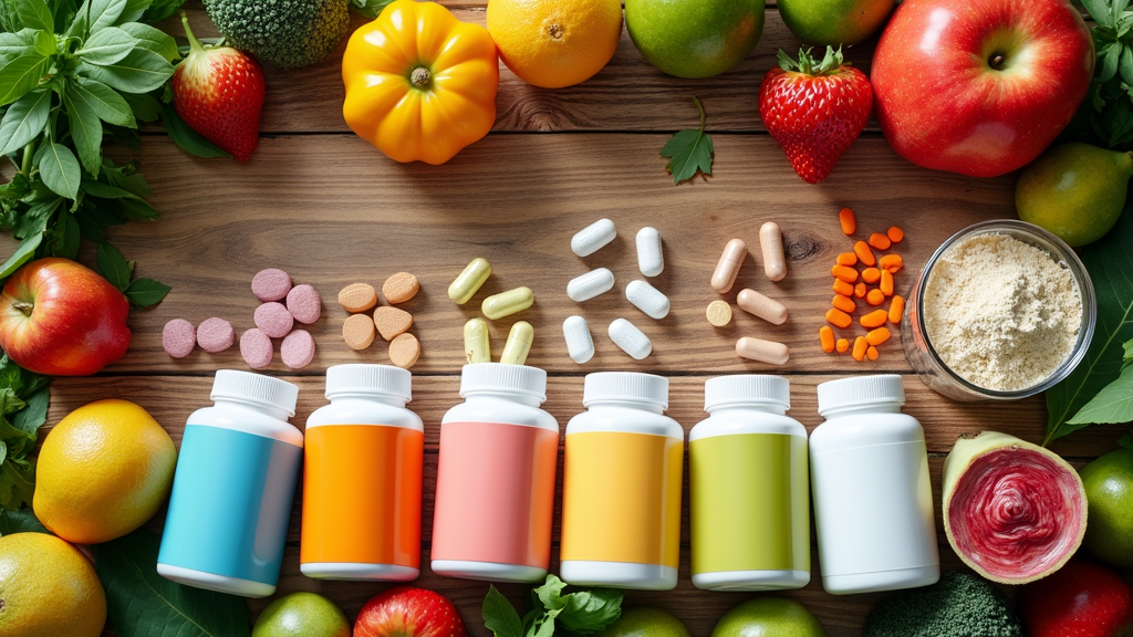 Supplements, capsules, powders, and vitamins on a table