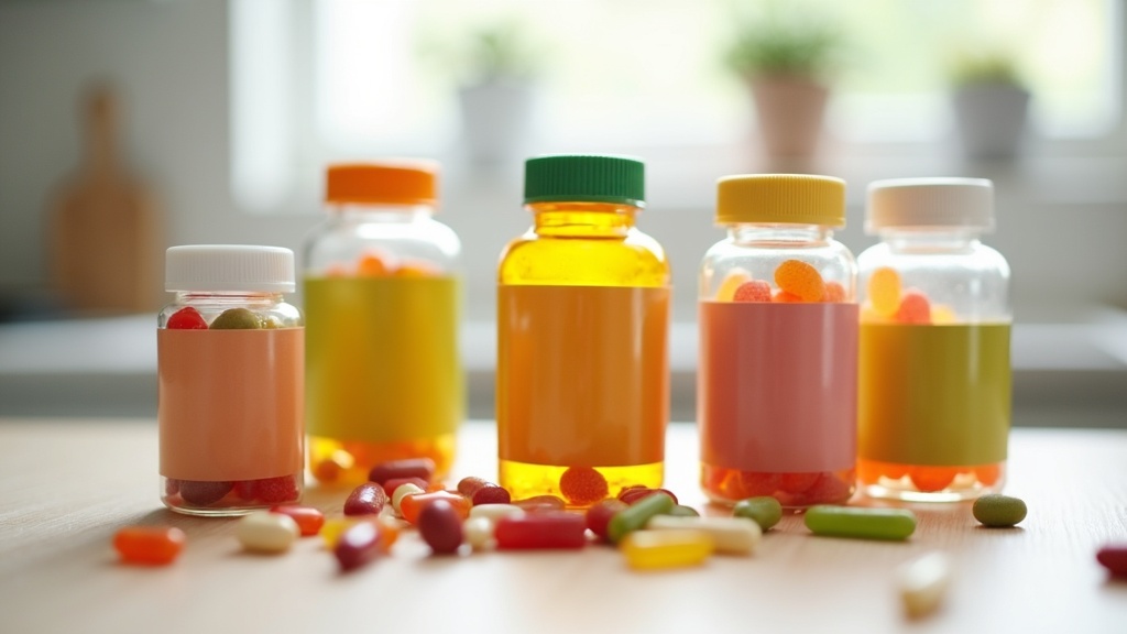 A close-up of assorted children’s vitamin bottles and colorful supplement gummies on a kitchen table