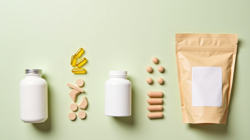 A layout of the top 5 supplements: Vitamin D, fish oil, magnesium, creatine, and protein powder on a white background.