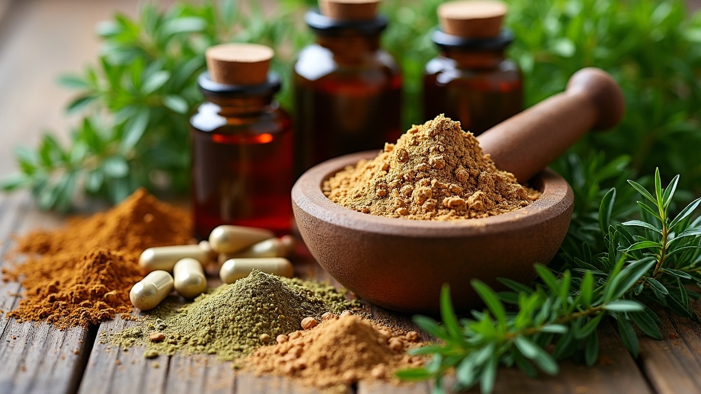 A selection of earthy herbal powders, capsules, tincture bottles, and fresh green herbs arranged naturally with a mortar and pestle.