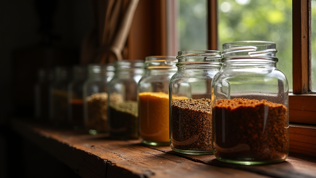 A set of glass jars and amber bottles storing herbs on a wooden shelf, out of direct sunlight.
