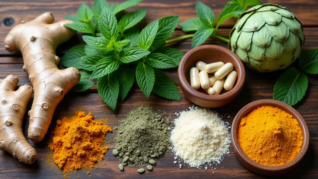 A variety of herbal supplements displayed with fresh digestive herbs like ginger, mint, turmeric, and artichoke on a wooden table.