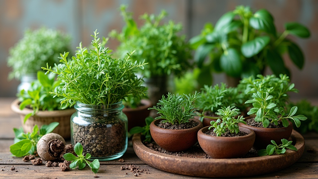 Assorted emerging herbs, in glass bowls and baskets, displayed on a rustic wooden table with leafy greens and dried roots.