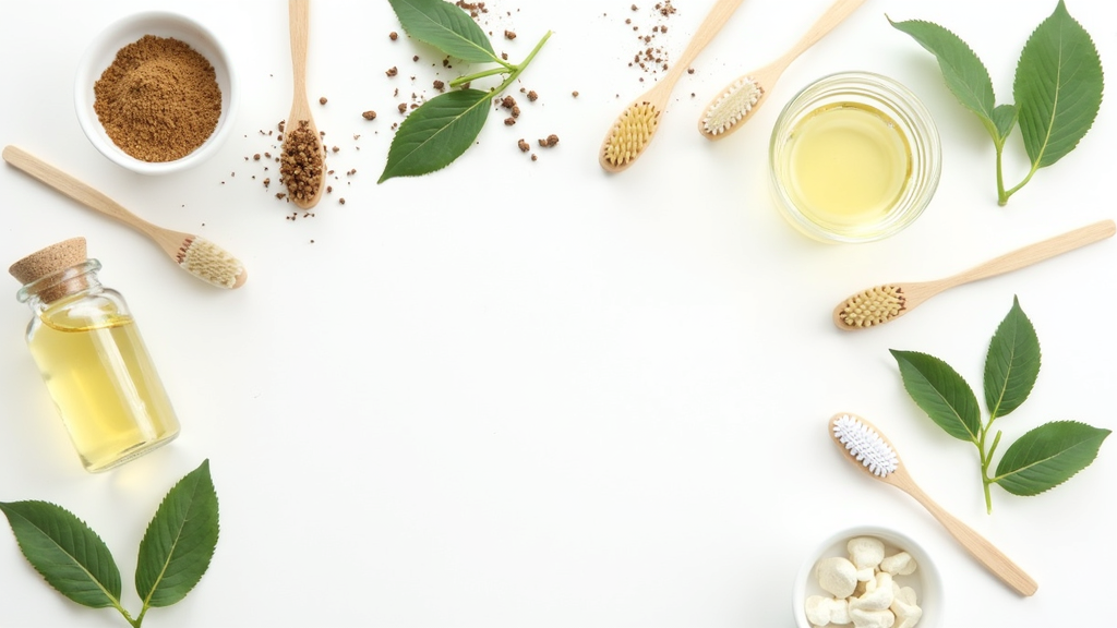 Assorted herbal powders, leaves, and dental tools on a white background