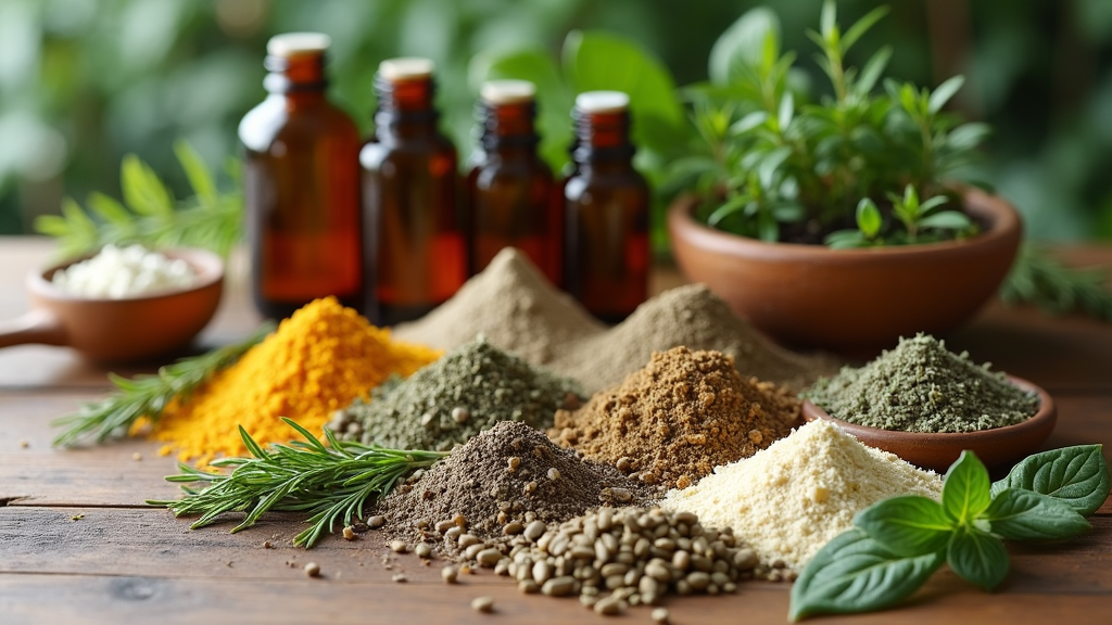 Assorted herbal supplements, powders, and fresh herbs arranged on a wooden table with amber glass bottles