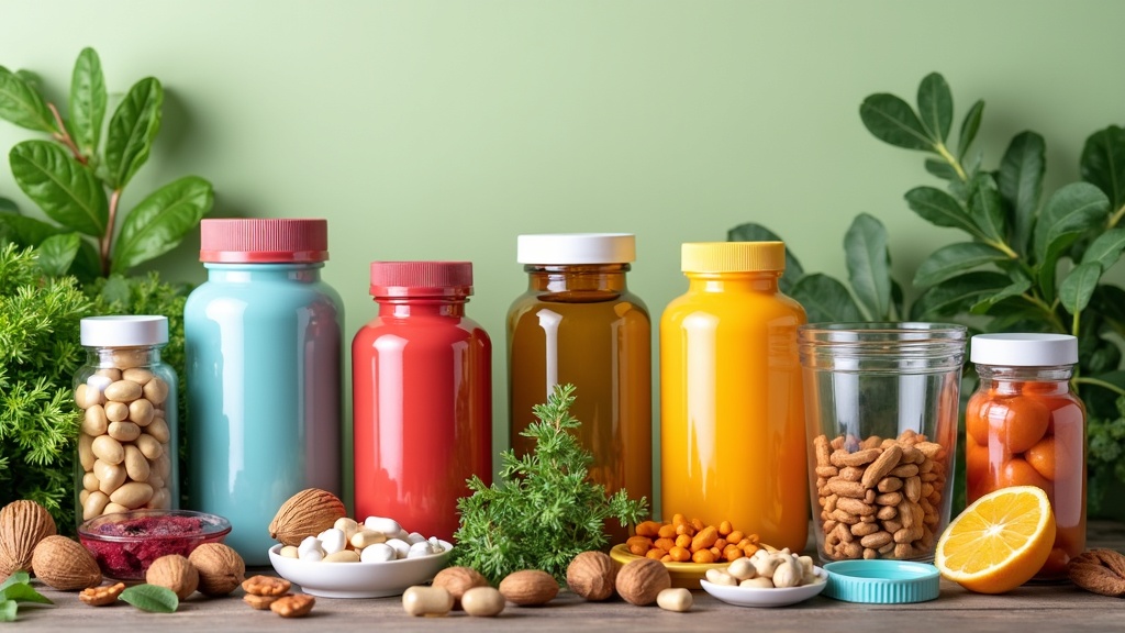 Colorful assortment of supplement bottles and pill containers, surrounded by leafy greens, nuts, and a glass of water.