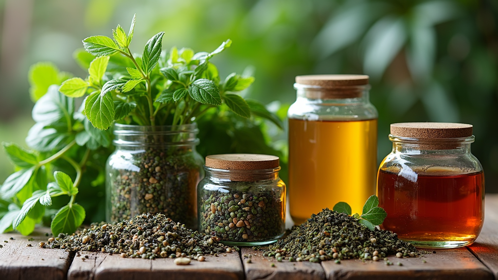 Freshly harvested herbs, dried herbs in jars, and a collection of herbal infusions arranged on a rustic wooden table.
