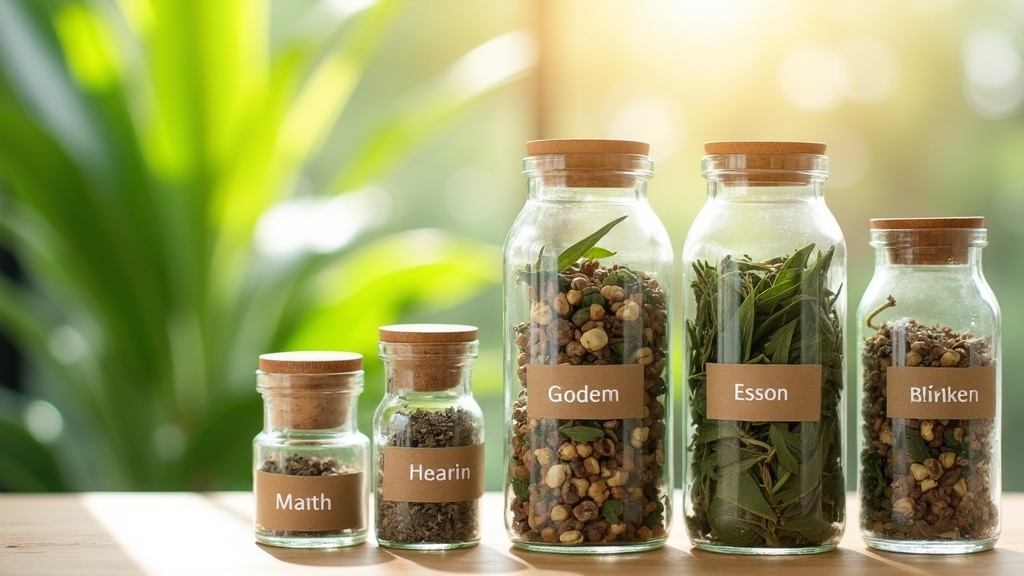 Glass jars filled with dried herbs labeled with botanical names, set on a clean wooden counter, sunlight streaming through green leaves in the background.