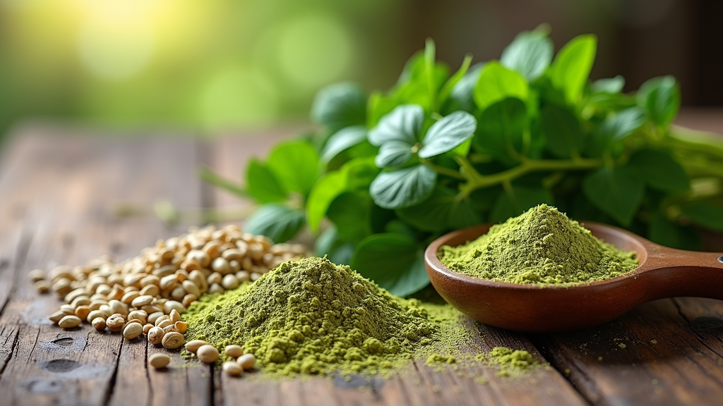 Moringa leaves and seeds arranged on a wooden table