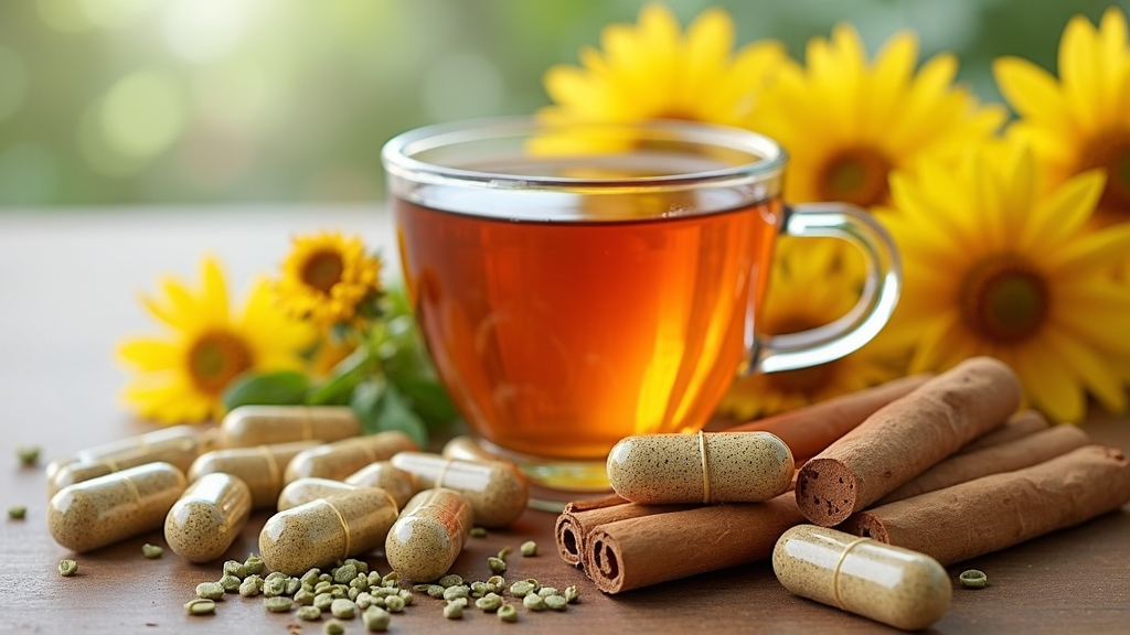 Neatly organized herbal supplements for gut health, including capsules, powders, and tea bags, photographed surrounded by fresh digestive herbs.
