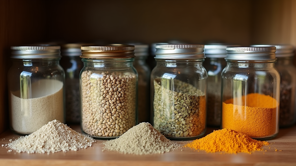 Proper storage containers for dried herbs and supplements lined up on a cabinet shelf.
