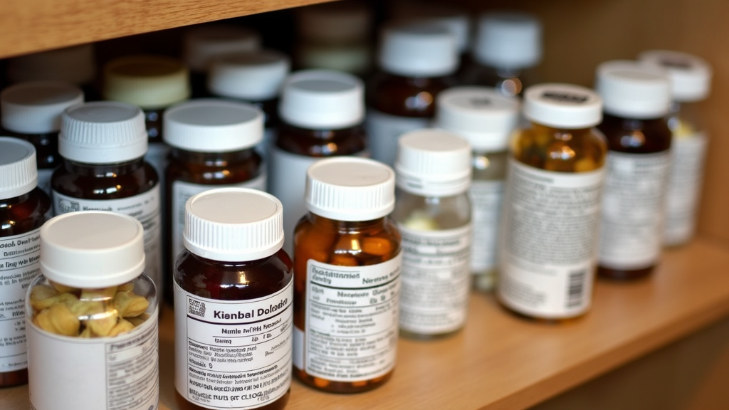 Supplement routine checklist taped on a cabinet, next to labeled glass jars of herbal blends.