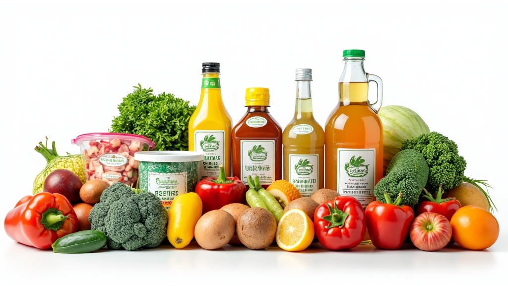 Certified organic product labels on various foods