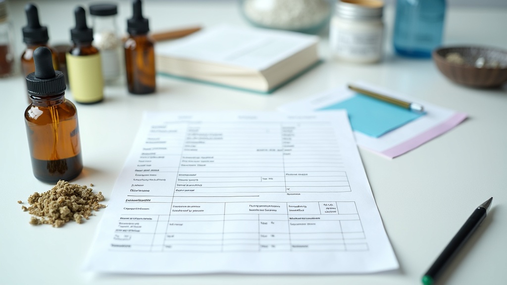 Detailed certificate of analysis with herbs, charts, and testing equipment