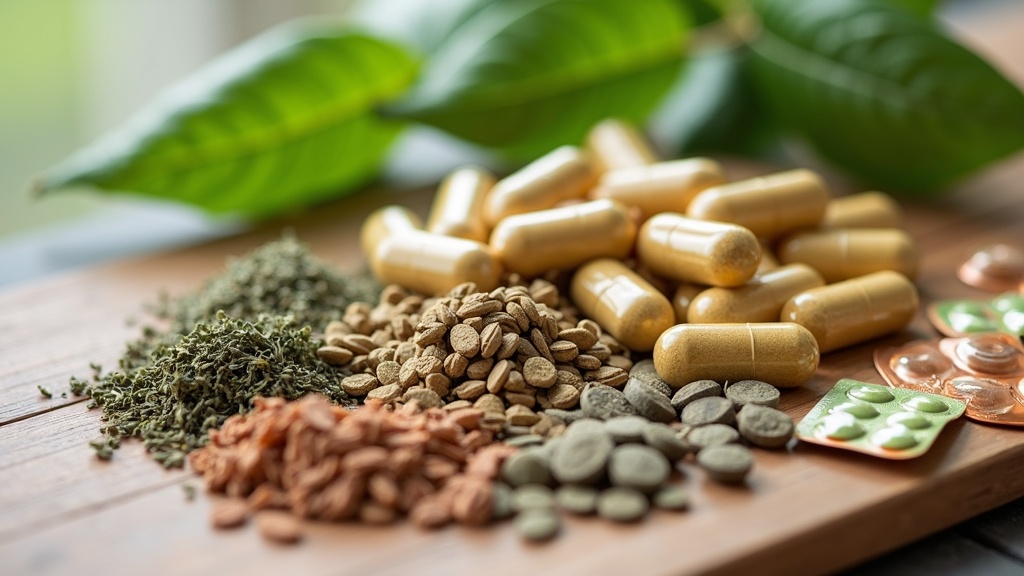 Dried Herbal Supplements and Natural Leaves Displayed