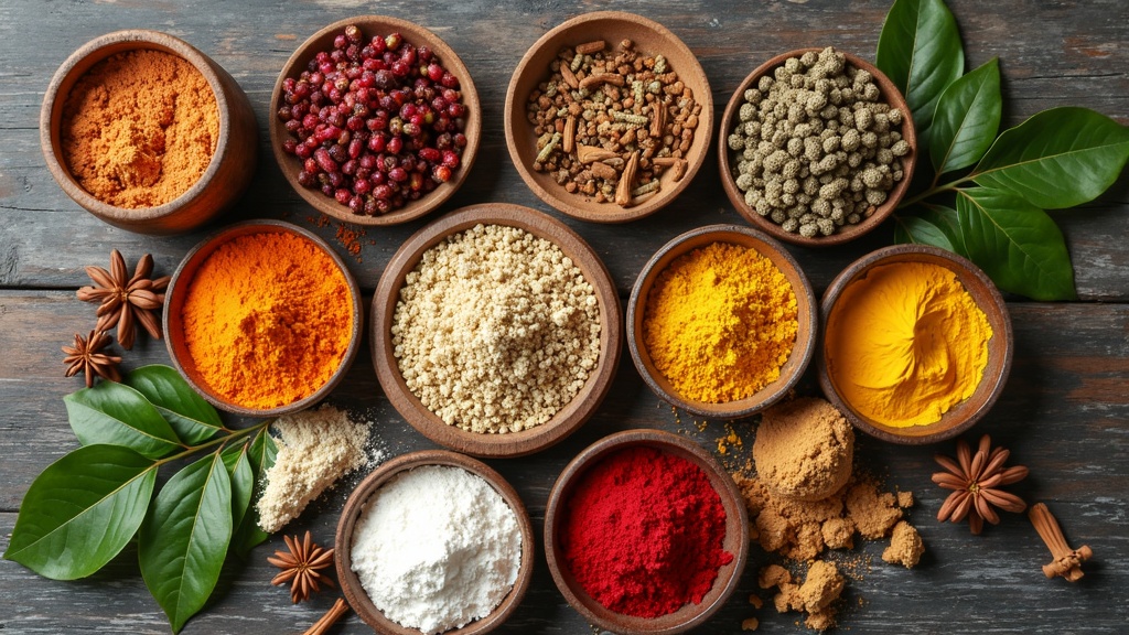 An assortment of trending organic botanicals, powders, and extracts on a rustic table.
