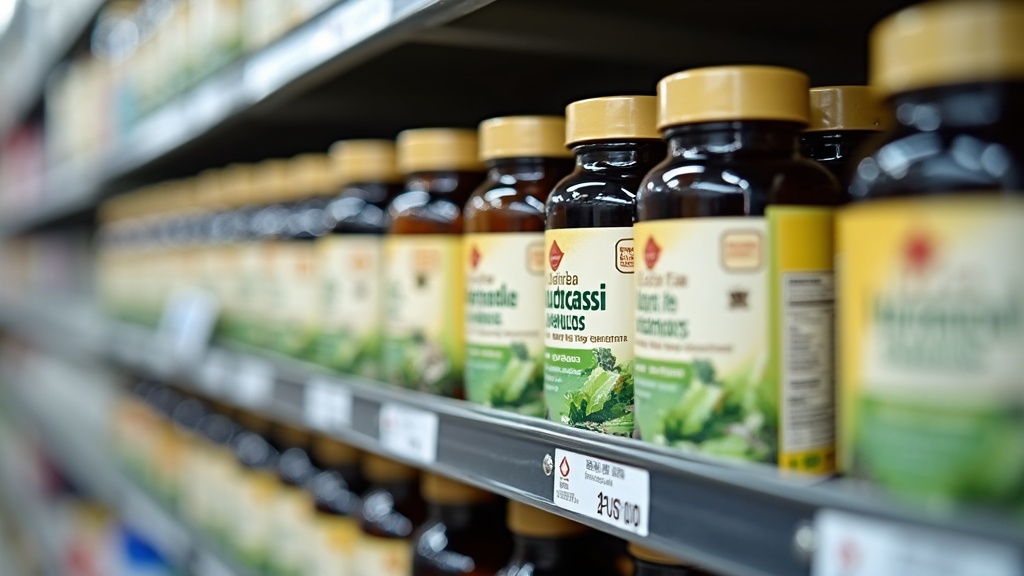 Bottles of herbal supplements on a store shelf with clear labels and test certification marks