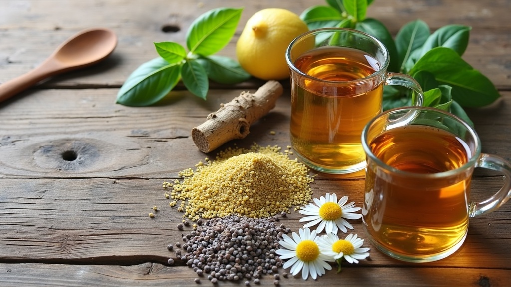 Herbal remedies for stress, including dried herbs and brewed herbal tea, arranged on a rustic wooden surface.