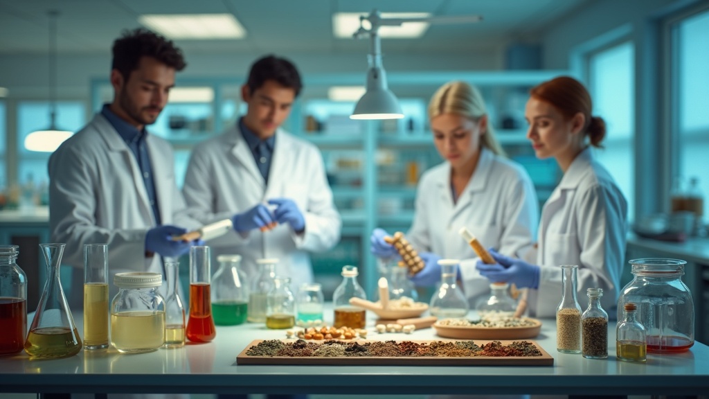 Laboratory equipment with herbal samples and scientific vials, highlighting supplement testing technology
