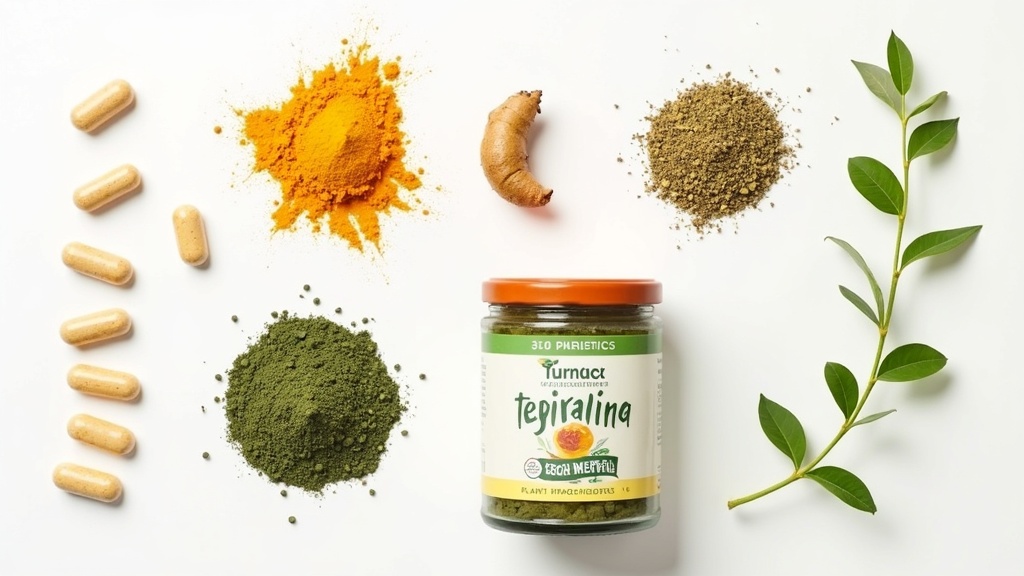 Organic supplements flat lay including turmeric, ashwagandha, spirulina, green tea leaves, and probiotics