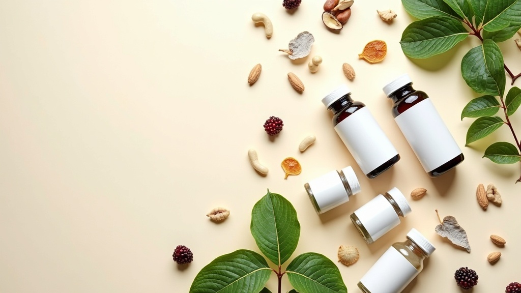 Various supplement bottles and natural ingredients
