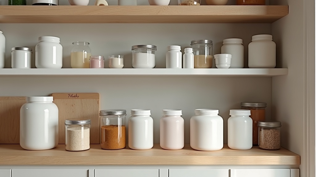 Supplement shelf with various popular bottles and jars for health and wellness