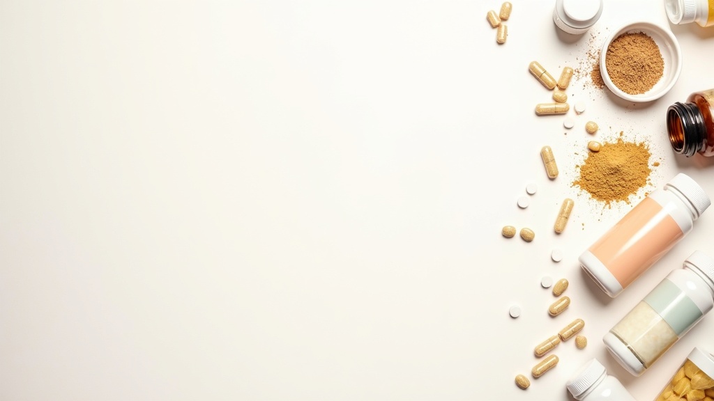 Supplements lined up on a table, some looking fancy and others plain, with pill bottles, powders, and capsules.