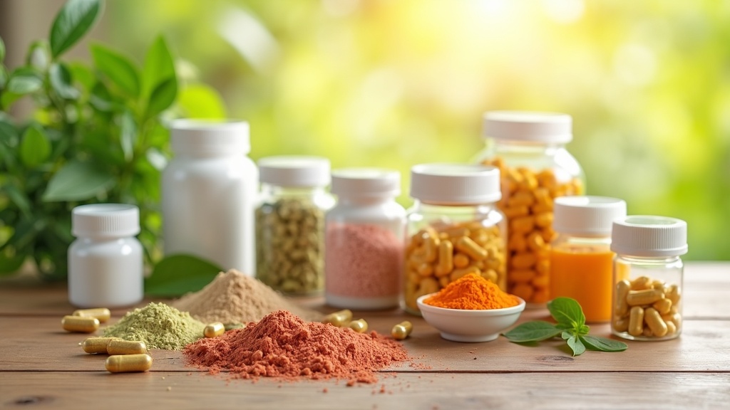Supplements on a wooden table against a bright background