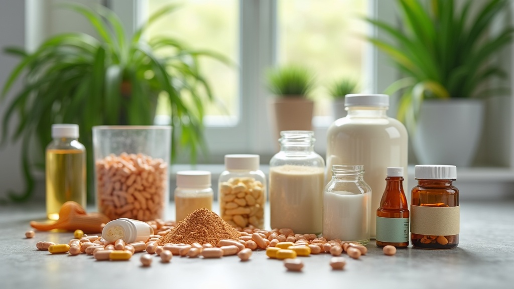 variety of supplement capsules, powders, and pill bottles organized on a clean table with plants in the background